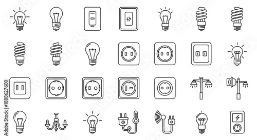 A collection of black line icons depicting various electrical and lighting elements on a white background.