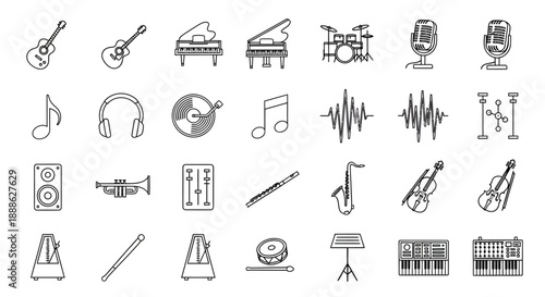 A collection of black line icons depicting various musical instruments and equipment