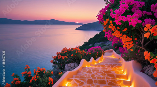 A romantic sunset in Santorini is an illustration capturing the warm evening light over the Aegean Sea.