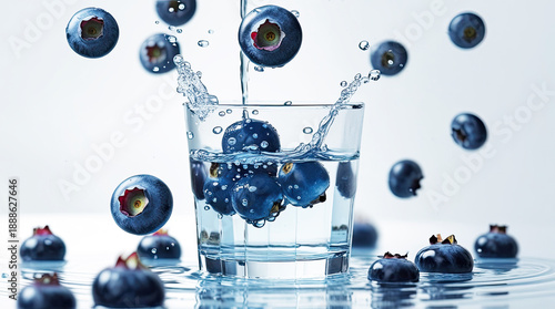 Blueberry Water Splash – a dynamic illustration showing blueberries dropping into a glass of water with splashes frozen mid-air.

