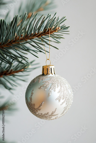 A minimalist Christmas aesthetic is a simple composition that highlights one tree branch and one ornament.