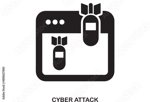 Stylized black icon depicting bombs falling on a computer screen, symbolizing a cyber attack, network threat, or data breach.