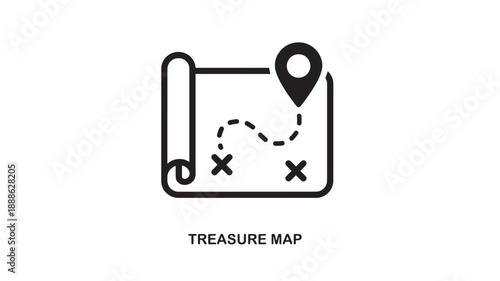 Outline icon of a treasure map with a dashed route, marked locations, and a pin marker, simple black and white graphic for adventure and discovery