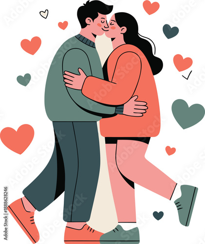 A loving couple embraces tenderly surrounded by floating hearts showcasing affection and romance