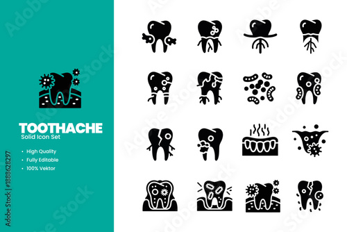 Toothache Solid Icon Set Showing Infected Teeth, Dental Pain Symptoms, and Oral Disease Problems
