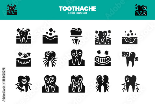 Toothache Solid Icon Set Illustrating Dental Infection, Tooth Pain, and Oral Health Medical Concepts