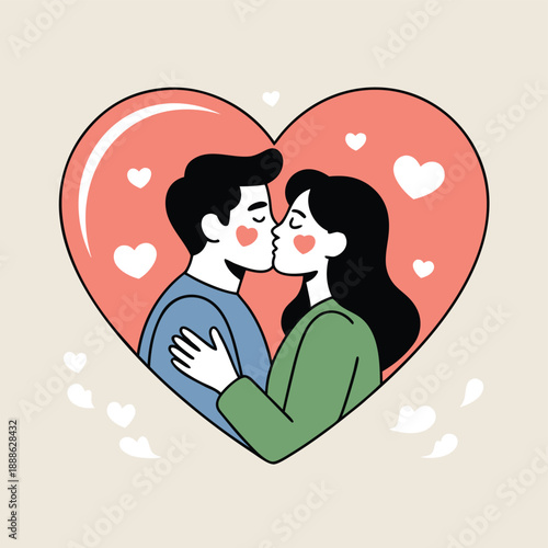 A couple shares a tender kiss embraced within a vibrant heart shaped illustration