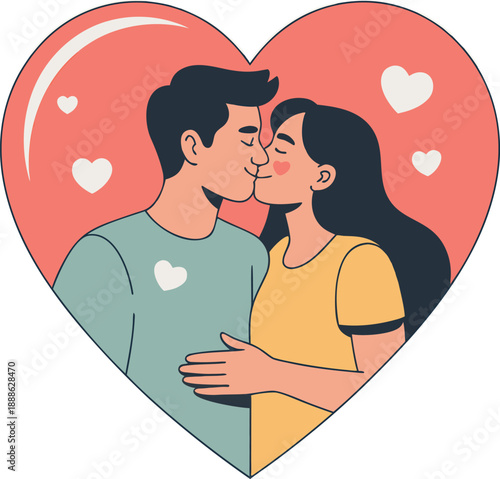 A loving couple embraces and kisses within a decorative heart shaped illustration