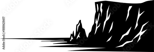 Dramatic rocky cliff coastline silhouette isolated on white background minimalist sea horizon and coastal nature landscape illustration