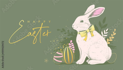 Happy Easter artistic poster or greeting card with rabbit, floral decorative elements and Easter eggs on green background. Vector illustration