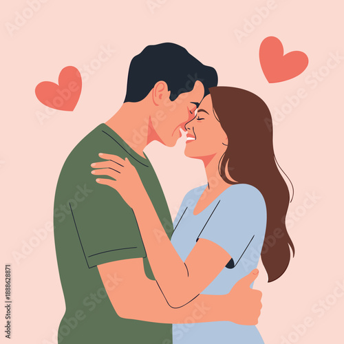 A loving couple embraces intimately surrounded by floating red hearts depicting romance