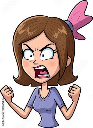 Angry young woman cartoon character shouting with clenched fists and pink ribbon