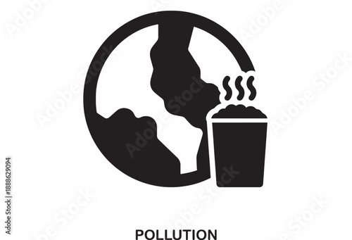 Black and white vector icon representing earth pollution with a steaming trash can next to a simplified globe illustration.