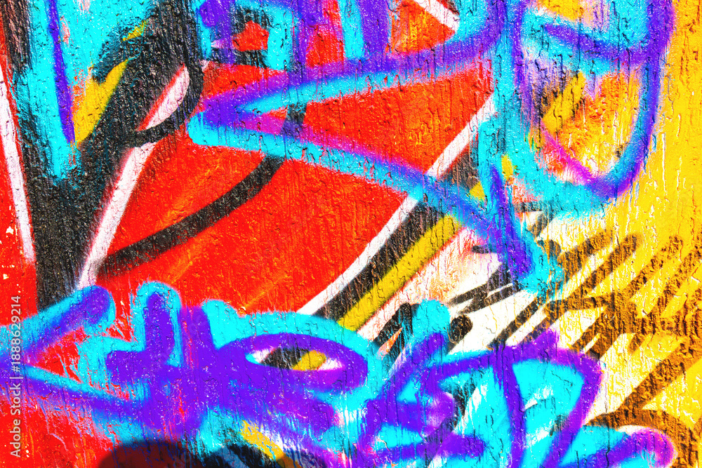 Fototapeta premium Bright graffiti wall - red, blue, yellow, purple spray paint lines, urban street art style. 90s, Y2K trend, fluorescent colors. Digital art, posters, background, creative banners, street visuals.