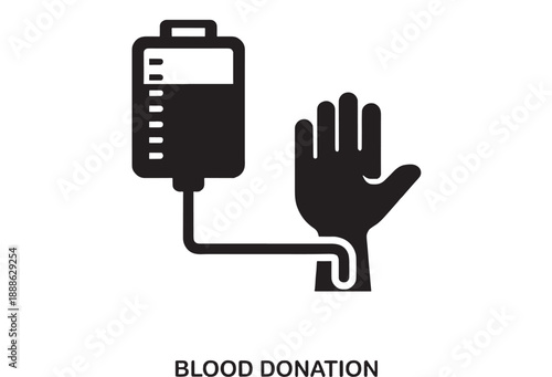 Black outline icon of a blood bag connected to a human arm, symbolizing blood donation and medical aid.