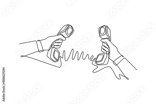 arms hold retro handset telephone communicate talk connection. Communication concept. Single line draw design. Vector graphic illustration