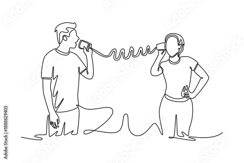 student talking with his girlfriend via tin phone. Communication concept. Single line draw design. Vector graphic illustration