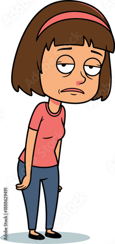 Cartoon woman looking tired and unhappy with slumped posture and dark hair