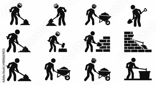 Construction Worker Icons Set. Laborer Pictograms, Building, Shoveling, Masonry, and Repair Silhouette Glyphs.