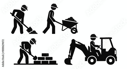 Construction Workers Icon Set: Labor, Shoveling, Wheelbarrow, and Heavy Equipment Operator Pictograms.