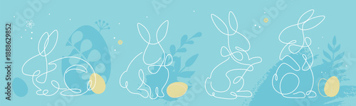Set of Easter rabbit silhouettes isolated on blue background. Line art vector illustration