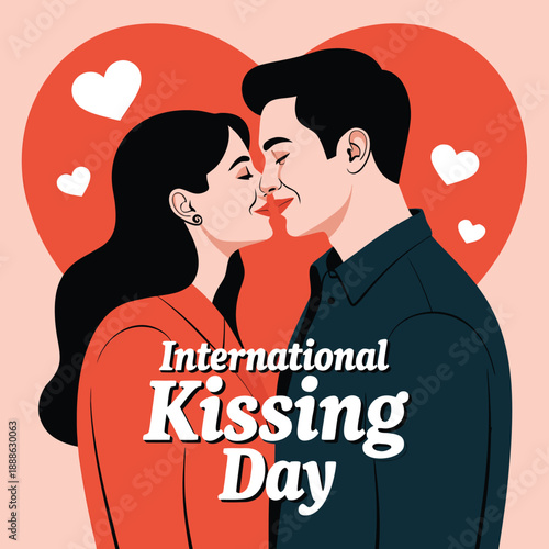 A couple embraces in a passionate kiss framed by hearts celebrating love and connection