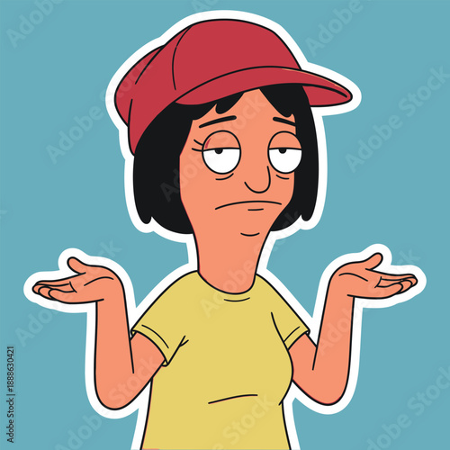 Animated girl wearing red cap and yellow shirt shrugging shoulders