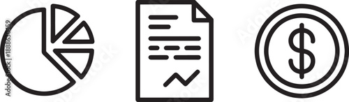 A set of black and white line icons visually represents essential financial data analysis, including a pie chart, a document with a line graph, and a currency coin.
