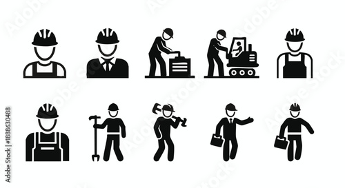 Construction Worker Icons Set. Builders, Engineers, Laborers, and Tradesmen Pictograms. Industrial Professions Silhouettes.