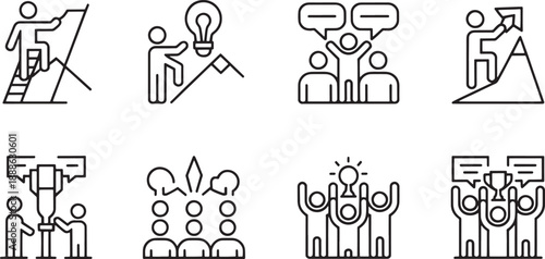 Outline icons illustrate various aspects of teamwork, goal achievement, leadership, and successful collaboration among diverse groups of people.
