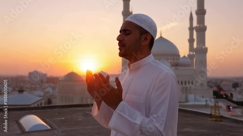 Muslim man praying at sunset on rooftop with mosque in background