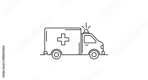 Simple line illustration of an ambulance with a medical cross on the side, viewed from the side on a road