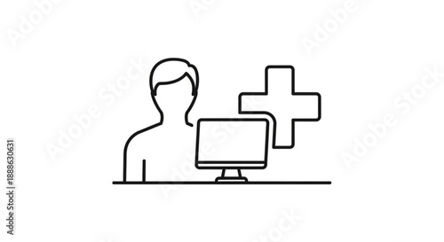 Person working on computer with medical cross symbol nearby in a healthcare setting illustration view
