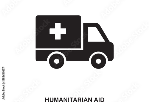 Simple black silhouette icon of a medical transport truck with a white cross symbol on its side, representing aid and emergency services