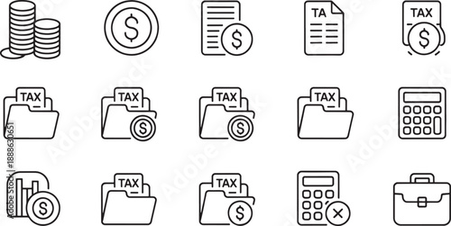 Large set of detailed black and white line icons covering various aspects of taxation, financial documents, and business calculations.
