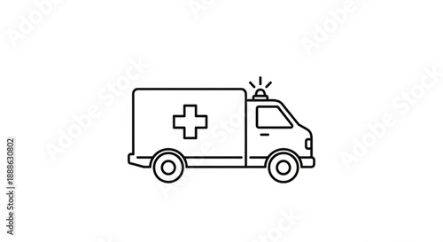 Simple line illustration of an ambulance vehicle in emergency mode viewed from the side