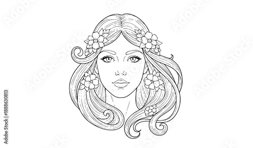 Romantic Art Nouveau Woman Portrait Coloring Page Vector with Long Hair for Adults and Kids