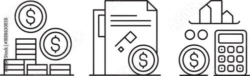 Collection of simple line icons represents financial concepts including stacks of coins, documents, and calculations for accounting purposes.