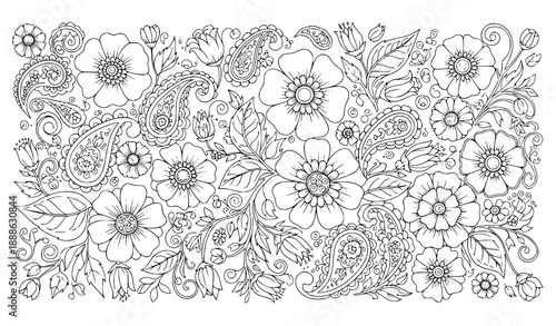 Black and White Hand-Drawn Floral Paisley Coloring Page Vector for Kids and Adults