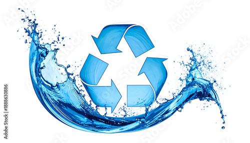 Blue recycle symbol amidst dynamic water splash, set against a transparent background