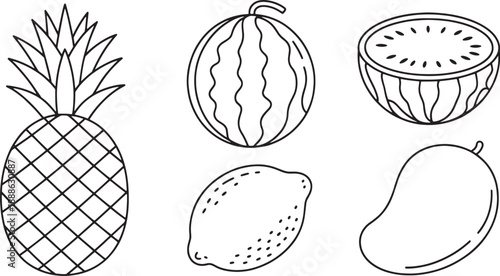 Assortment of tropical and citrus fruit outlines including a whole pineapple, a whole watermelon, a halved watermelon, a lemon, and a mango.