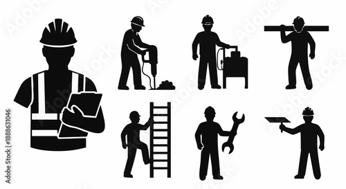 Construction Worker Silhouettes Set: Foreman, Builder, Driller, Maintenance Tradesmen Icons and Industrial Laborer Vector Symbols