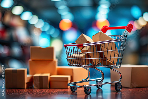 Minimalist grocery cart close-up with blurred supermarket background