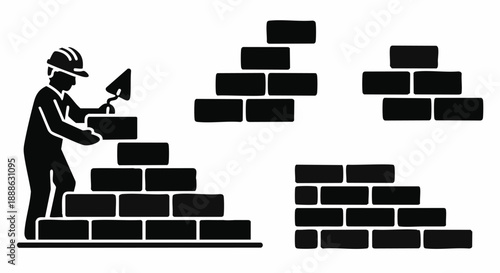 Masonry and Construction Icon Set: Bricklayer Building Wall Silhouette with Architectural Brick Patterns