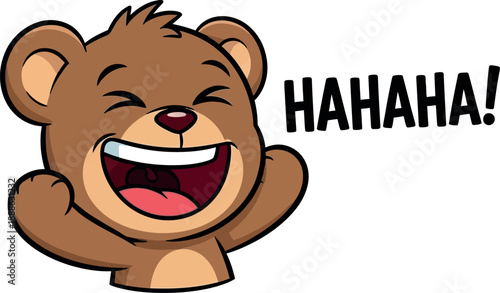 Happy cartoon bear laughing with hands raised