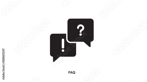 Solid black icons of two speech bubbles, one with an exclamation mark and the other with a question mark, labeled 'FAQ' for customer support.