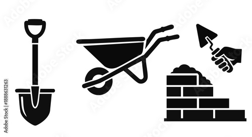 Construction and Masonry Tools Icon Set: Shovel, Wheelbarrow, Trowel, and Brick Wall Silhouette.