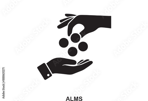 Generosity concept icon: one hand holding coins to give to another open hand, symbolizing charity, donation, and sharing wealth.