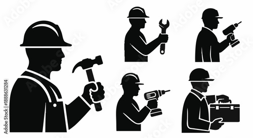 Construction Worker and Handyman Silhouettes Icon Set. Builder, Engineer, and Mechanic holding tools (Hammer, Wrench, Drill, Toolbox).