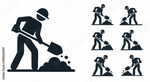 Construction Worker Shoveling Icon Set. Laborer Digging Silhouette with Shovel. Manual Work and Road Maintenance Signage Vector Graphic.